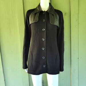 ETCETERA Black Merino Wool Leather Trim Cardigan Sweater Medium M